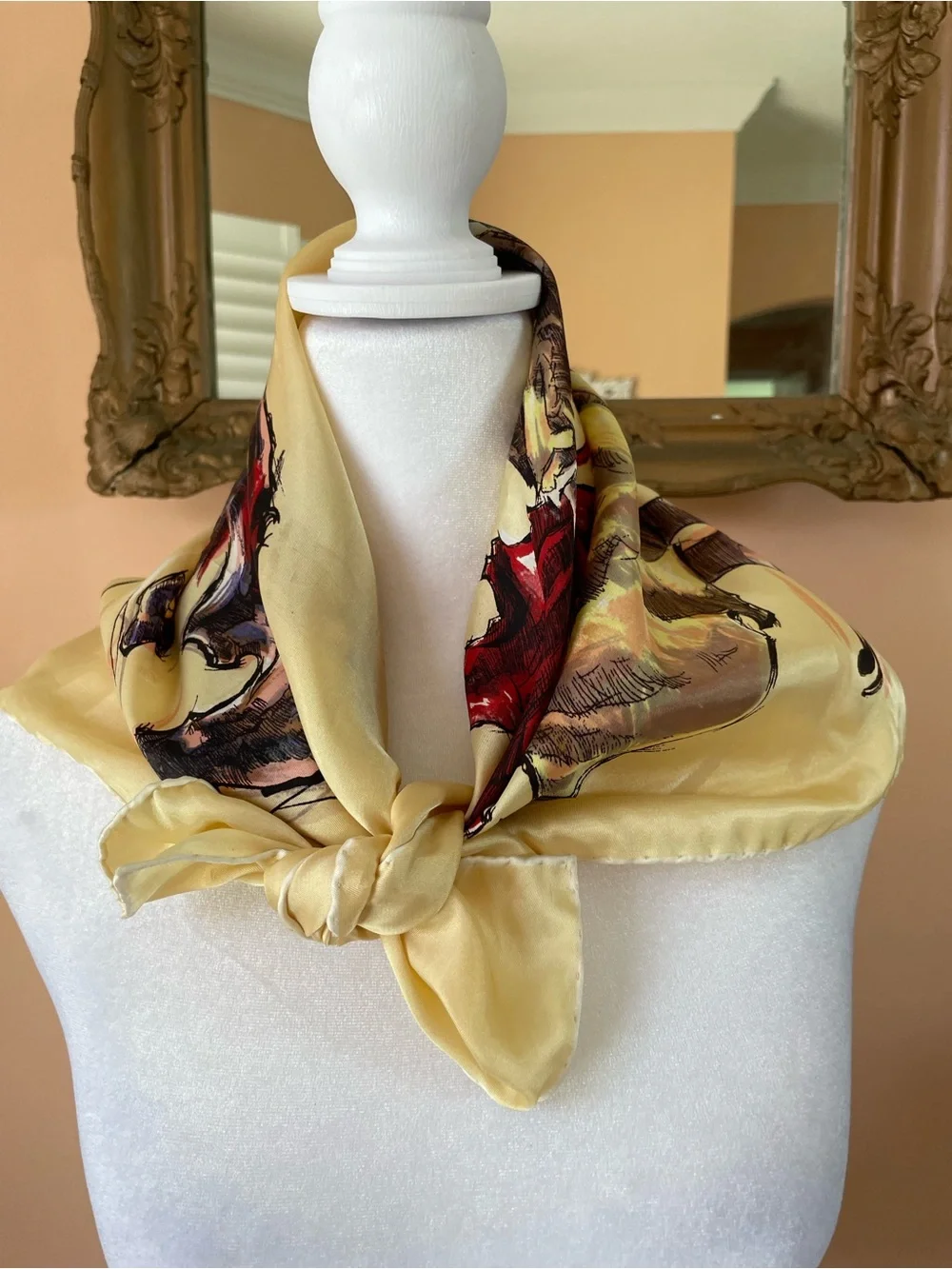 Rare Vintage Cream Silk Scarf with Bullfighting Matador Illustration 25”x 26”